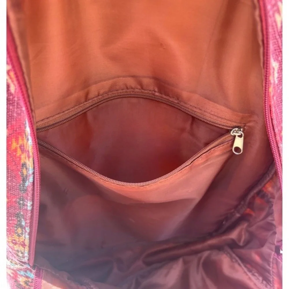 Southwestern Canvas Backpack Burgundy Brown Boho Multiple Pockets‎ Medium